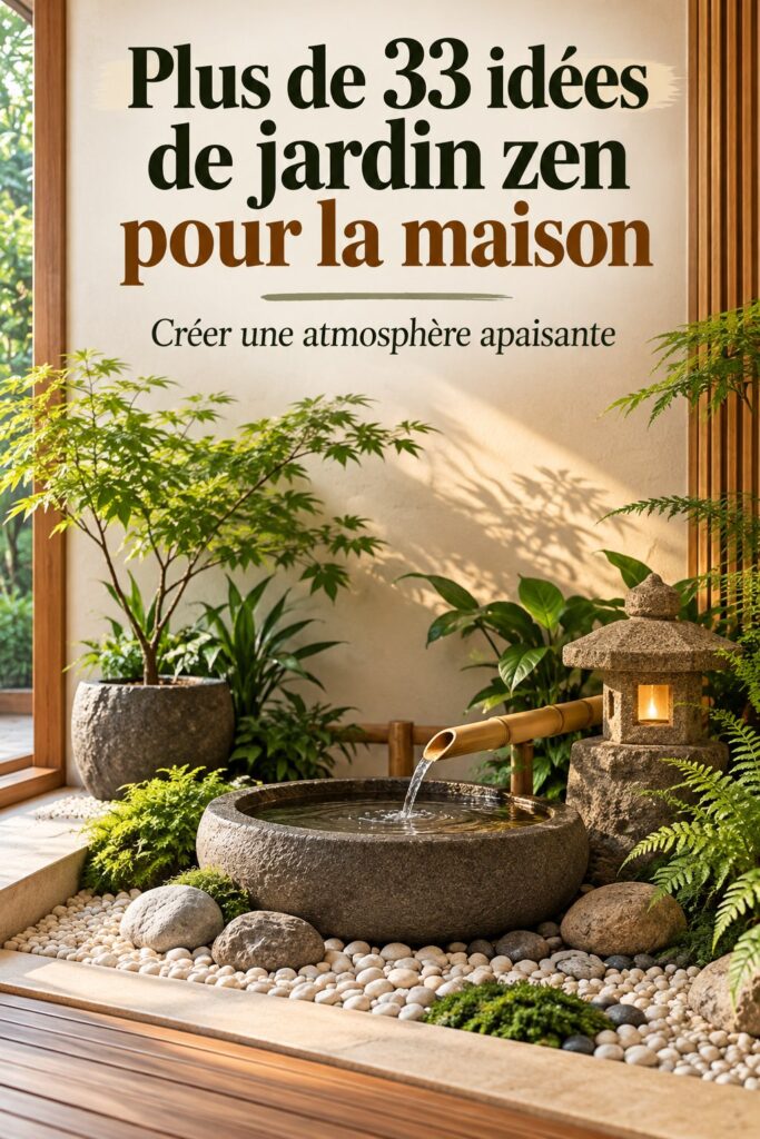 Un jardin zen intérieur avec des pierres, des plantes vertes et un monde apaisant.
