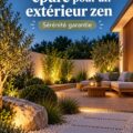 Jardin minimaliste apaisant avec des plantes vertes et des éléments de décoration