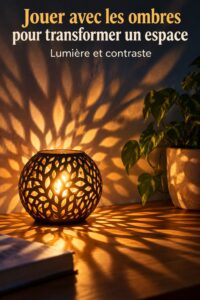 Jeu d'ombres sur un mur décoré avec des plantes et une lumière douce.