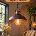 Une lampe industrielle en métal émet une lumière douce dans un intérieur chaleureux.