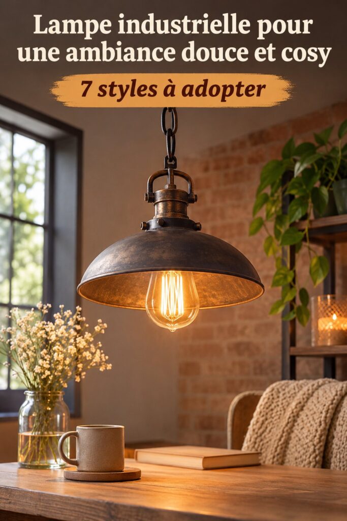Une lampe industrielle en métal émet une lumière douce dans un intérieur chaleureux.