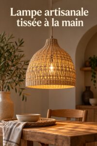 Lampe artisanale tissée à la main apportant une ambiance chaleureuse à un salon