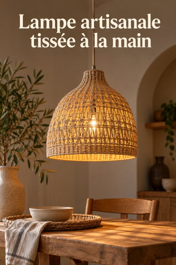 Lampe artisanale tissée à la main apportant une ambiance chaleureuse à un salon