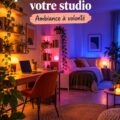 Un studio moderne éclairé par des lumières RGB créant une ambiance chaleureuse.