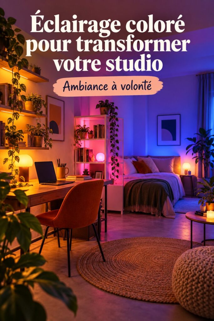Un studio moderne éclairé par des lumières RGB créant une ambiance chaleureuse.