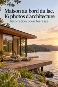 Maison moderne au bord d'un lac avec grandes baies vitrées et décoration chaleureuse.