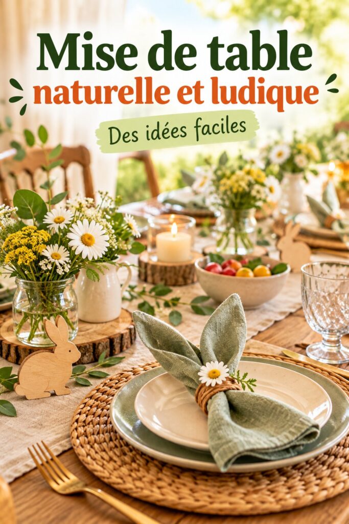 Mise en place d'une table conviviale avec des éléments naturels et ludiques.