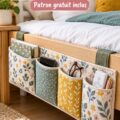 Pochette de rangement colorée cousue sur un chevet en bois, idéale pour une chambre chaleureuse.