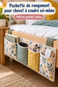 Pochette de rangement colorée cousue sur un chevet en bois, idéale pour une chambre chaleureuse.