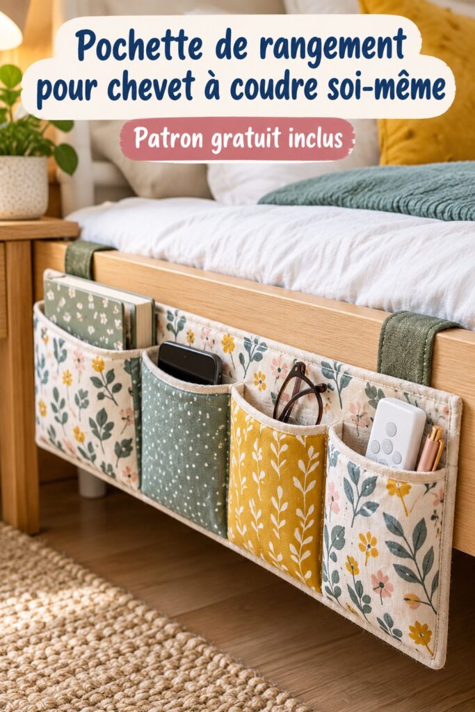 Pochette de rangement colorée cousue sur un chevet en bois, idéale pour une chambre chaleureuse.
