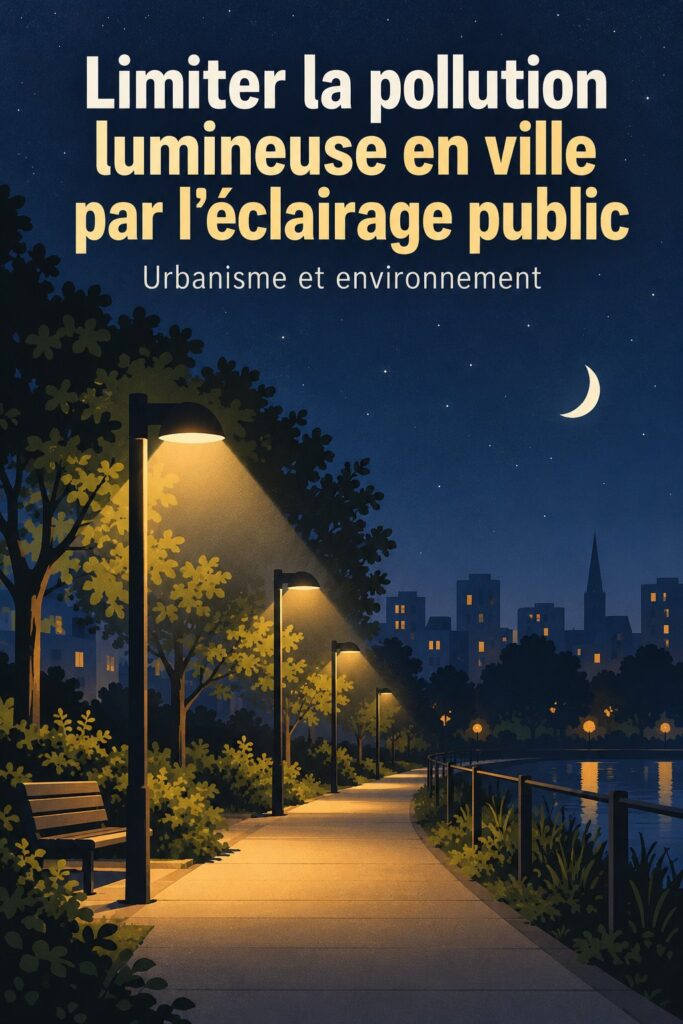 Éclairage public moderne dans une rue urbaine, illustrant une démarche pour réduire la pollution lumineuse.