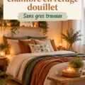 Chambre douillette avec des couleurs apaisantes et des accessoires réconfortants comme des coussins et des plaids.
