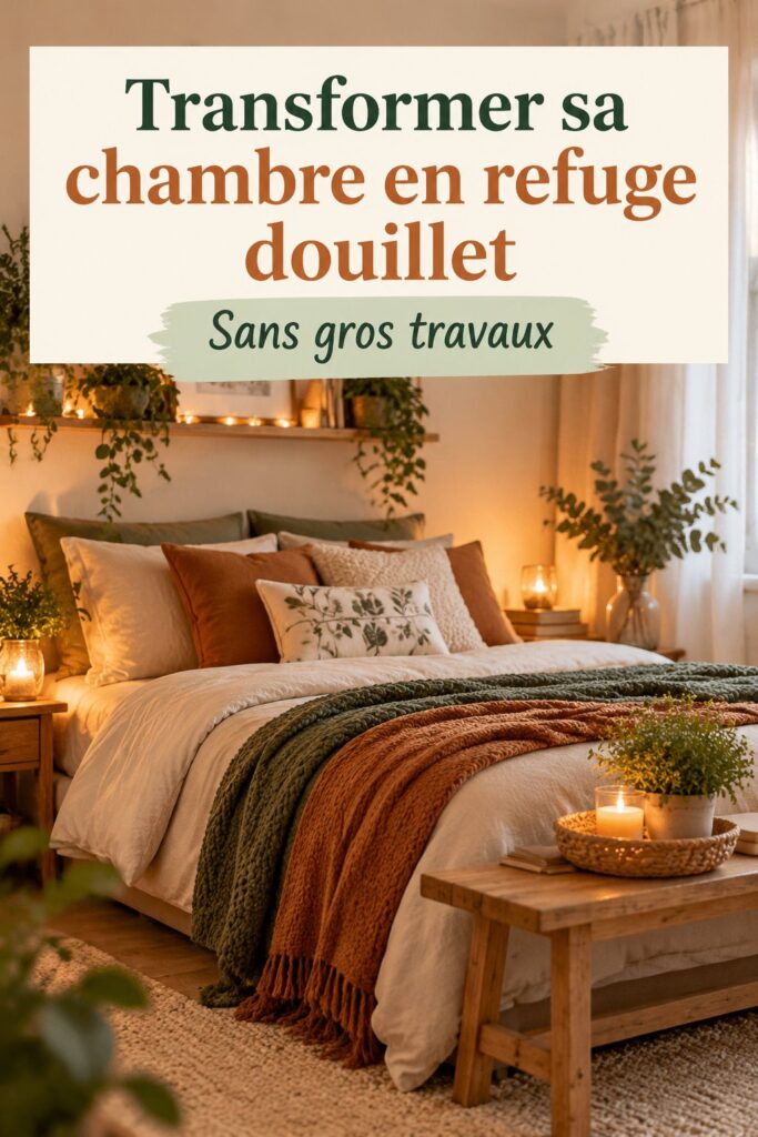 Chambre douillette avec des couleurs apaisantes et des accessoires réconfortants comme des coussins et des plaids.