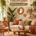 Salon bohème disposé dans un petit espace, avec des coussins colorés et des plantes