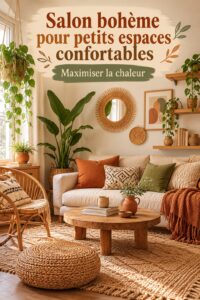 Salon bohème disposé dans un petit espace, avec des coussins colorés et des plantes