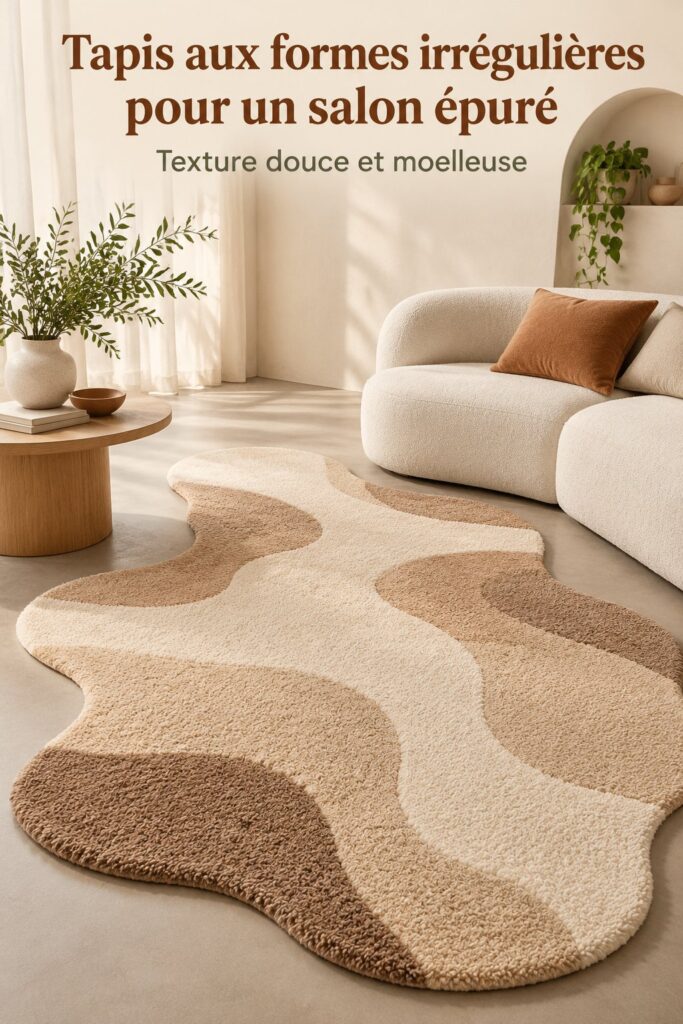 Un salon moderne avec un tapis aux formes irrégulières et une décoration épurée