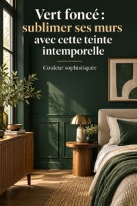 Mur peint en vert foncé avec des éléments décoratifs modernes.
