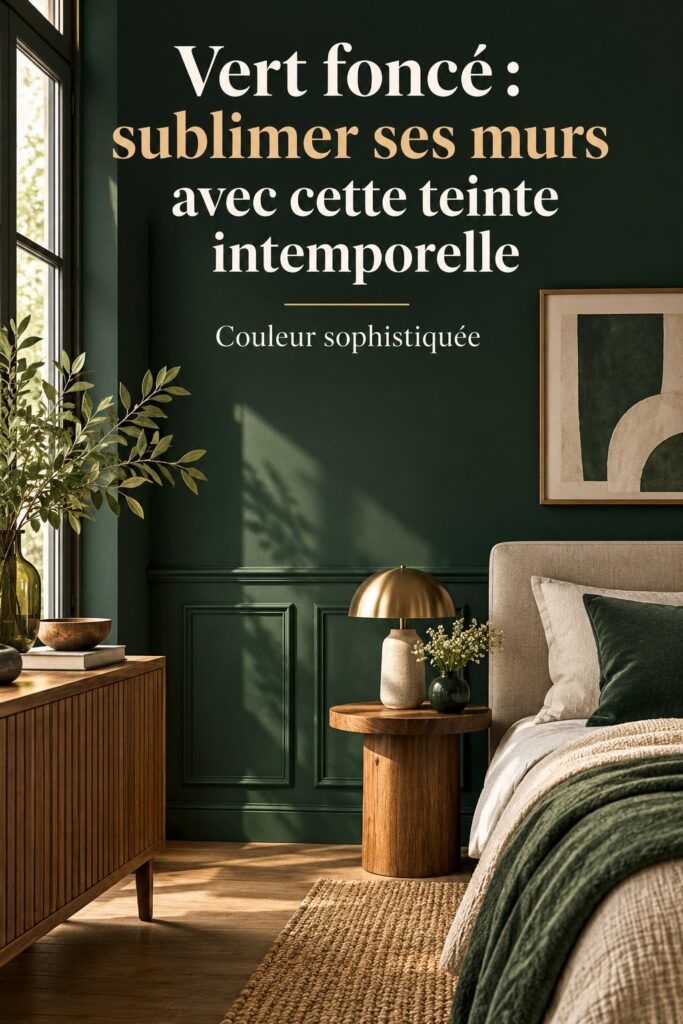 Mur peint en vert foncé avec des éléments décoratifs modernes.